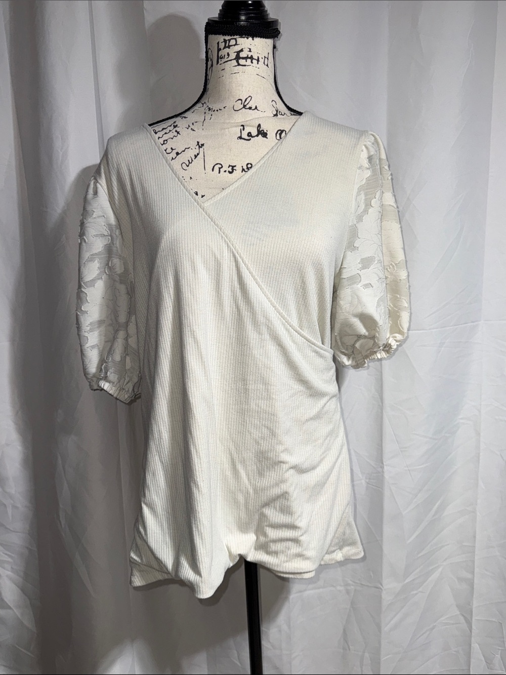 torrid Cream Puff-Sleeve Knit Top with Lace Detail